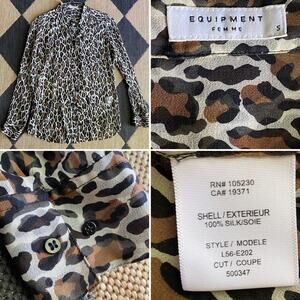 Equipment Slim Signature $298 Silk Blouse Leopard Print Sheer S EUC